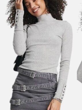 Free People Top Women Small Gray Freya Jojo Long Sleeve Mock Neck Thermal Blouse